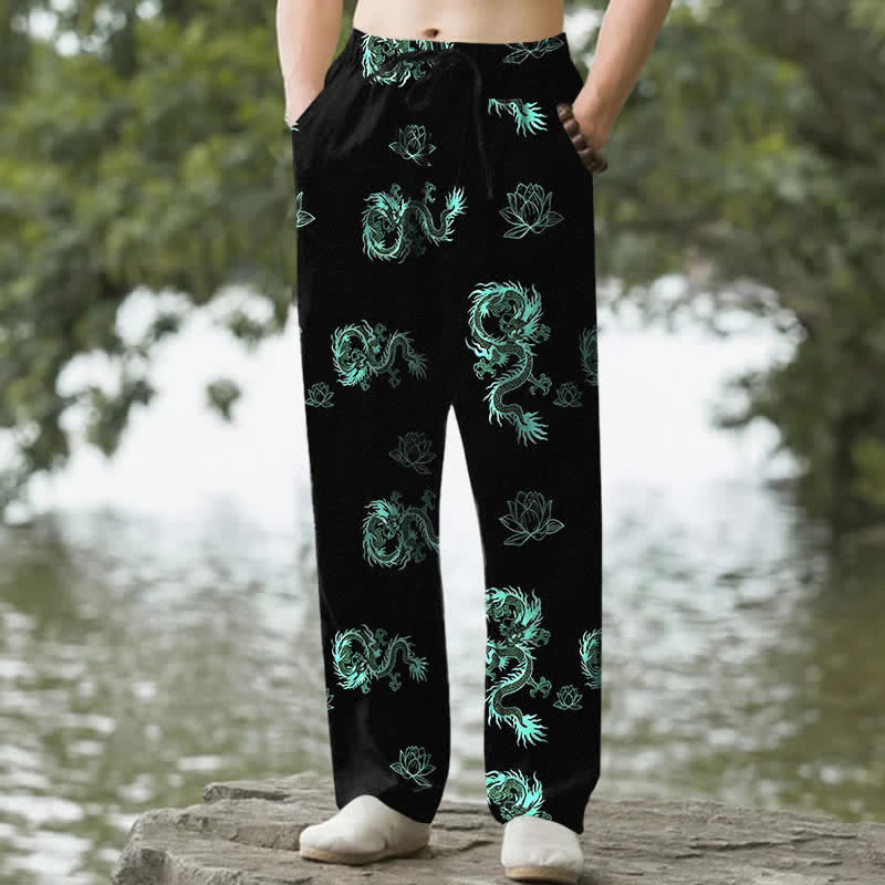 Nimara Ritual Cotton Dragon Lotus Pattern Men's Tapered Pants With Pockets