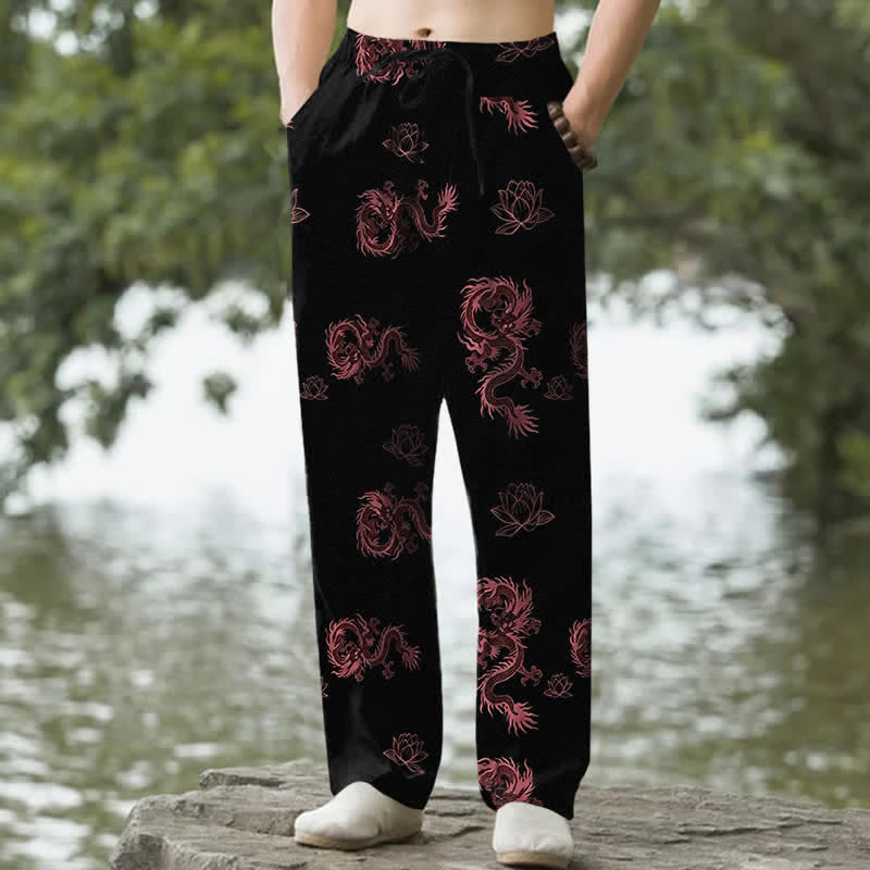Nimara Ritual Cotton Dragon Lotus Pattern Men's Tapered Pants With Pockets
