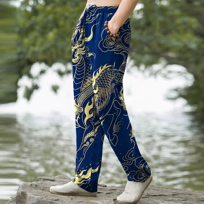 Nimara Ritual Cotton Golden Dragon Auspicious Clouds Pattern Men's Tapered Pants With Pockets
