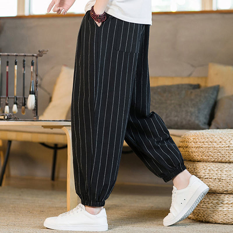 Nimara Ritual Summer Casual Drawstring Striped Men's Harem Pants With Pockets