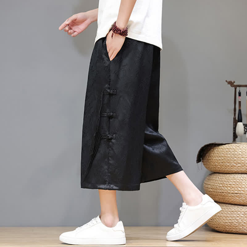 Nimara Ritual Summer Tang Style Side Frog Button Men's Straight Leg Pants With Pockets