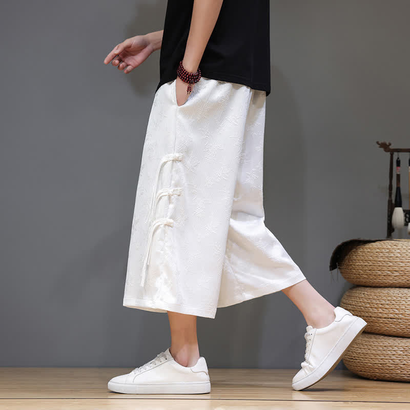 Nimara Ritual Summer Tang Style Side Frog Button Men's Straight Leg Pants With Pockets