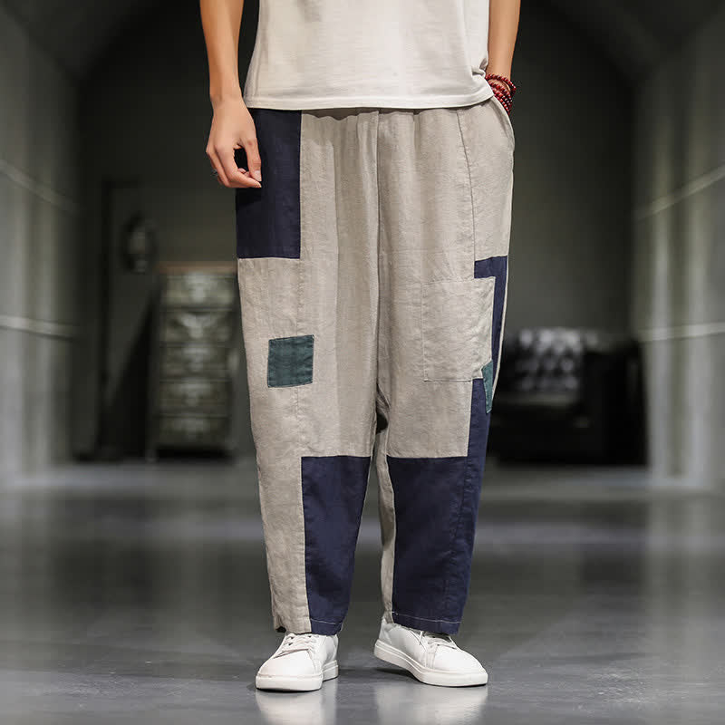 Nimara Ritual Spring Casual Color Block Cotton Linen Cropped Men's Harem Pants With Pockets
