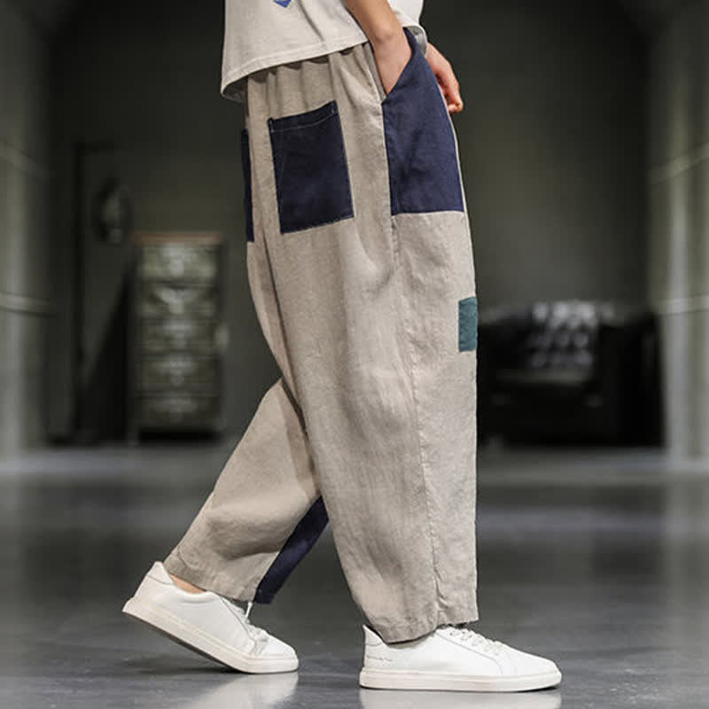 Nimara Ritual Spring Casual Color Block Cotton Linen Cropped Men's Harem Pants With Pockets