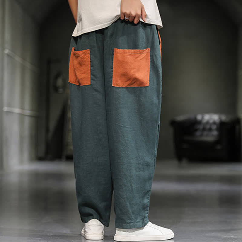Nimara Ritual Spring Casual Color Block Cotton Linen Cropped Men's Harem Pants With Pockets
