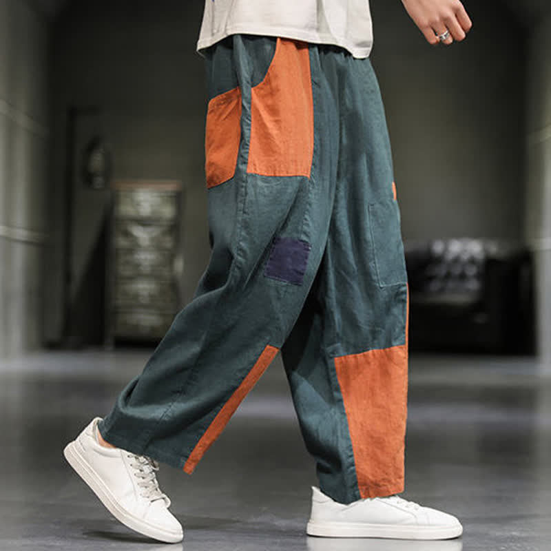 Nimara Ritual Spring Casual Color Block Cotton Linen Cropped Men's Harem Pants With Pockets