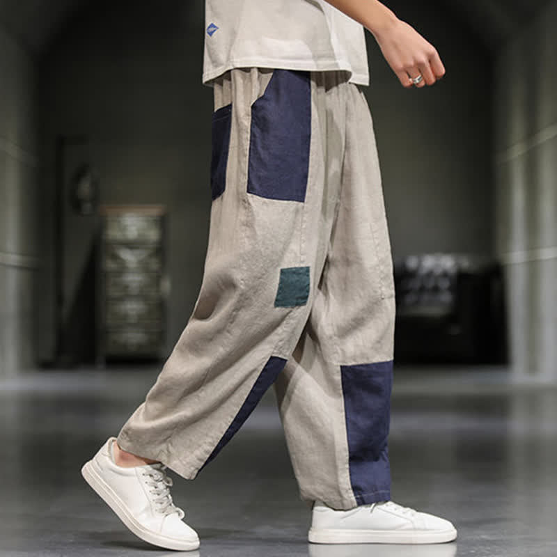 Nimara Ritual Spring Casual Color Block Cotton Linen Cropped Men's Harem Pants With Pockets