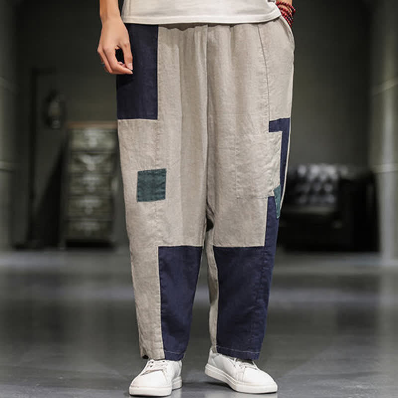 Nimara Ritual Spring Casual Color Block Cotton Linen Cropped Men's Harem Pants With Pockets
