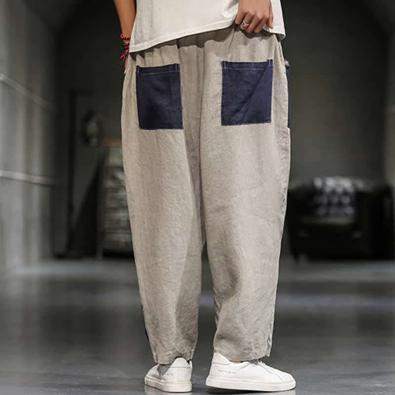 Nimara Ritual Spring Casual Color Block Cotton Linen Cropped Men's Harem Pants With Pockets