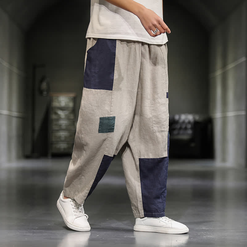 Nimara Ritual Spring Casual Color Block Cotton Linen Cropped Men's Harem Pants With Pockets