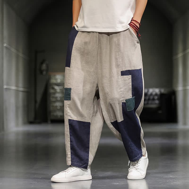 Nimara Ritual Spring Casual Color Block Cotton Linen Cropped Men's Harem Pants With Pockets