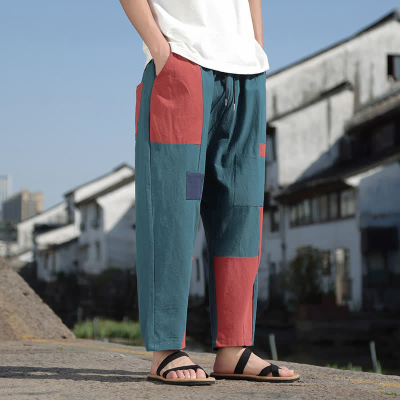 Nimara Ritual Spring Casual Color Block Cotton Linen Cropped Men's Harem Pants With Pockets