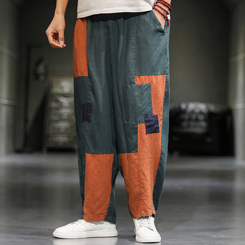 Nimara Ritual Spring Casual Color Block Cotton Linen Cropped Men's Harem Pants With Pockets
