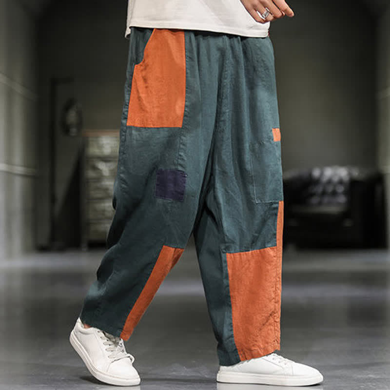 Nimara Ritual Spring Casual Color Block Cotton Linen Cropped Men's Harem Pants With Pockets