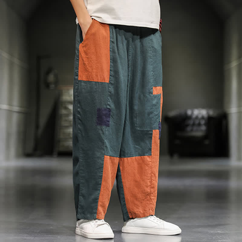 Nimara Ritual Spring Casual Color Block Cotton Linen Cropped Men's Harem Pants With Pockets