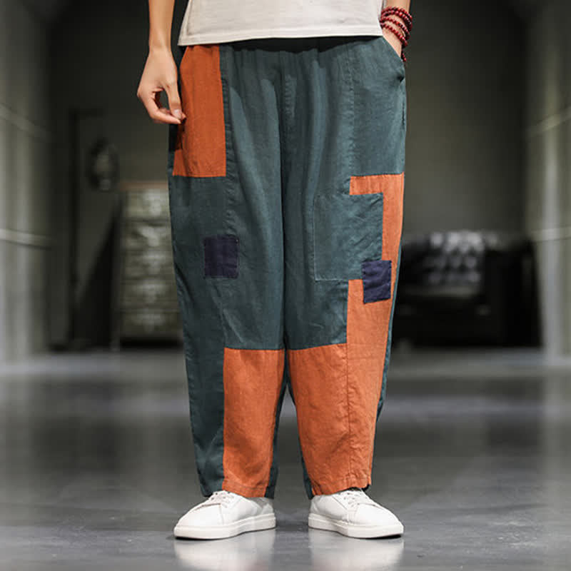 Nimara Ritual Spring Casual Color Block Cotton Linen Cropped Men's Harem Pants With Pockets
