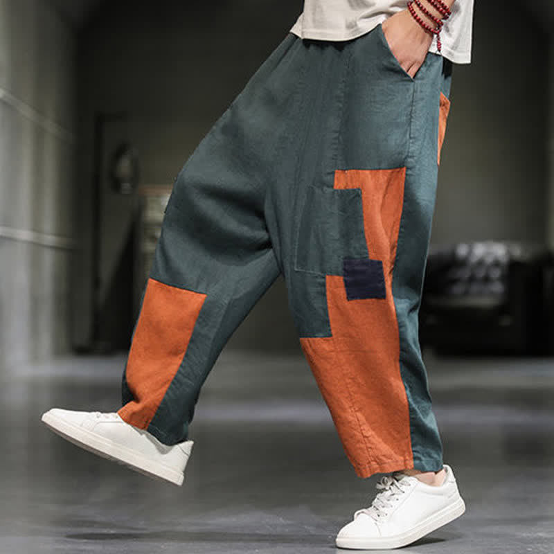 Nimara Ritual Spring Casual Color Block Cotton Linen Cropped Men's Harem Pants With Pockets