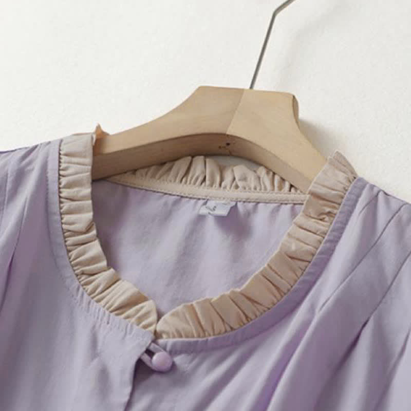 Nimara Ritual Summer Casual Button Up Solid Ruffled Collar Cotton Women's Short Sleeve Shirt