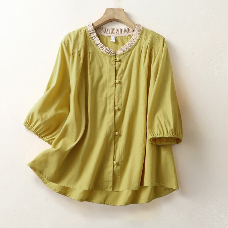 Nimara Ritual Summer Casual Button Up Solid Ruffled Collar Cotton Women's Short Sleeve Shirt