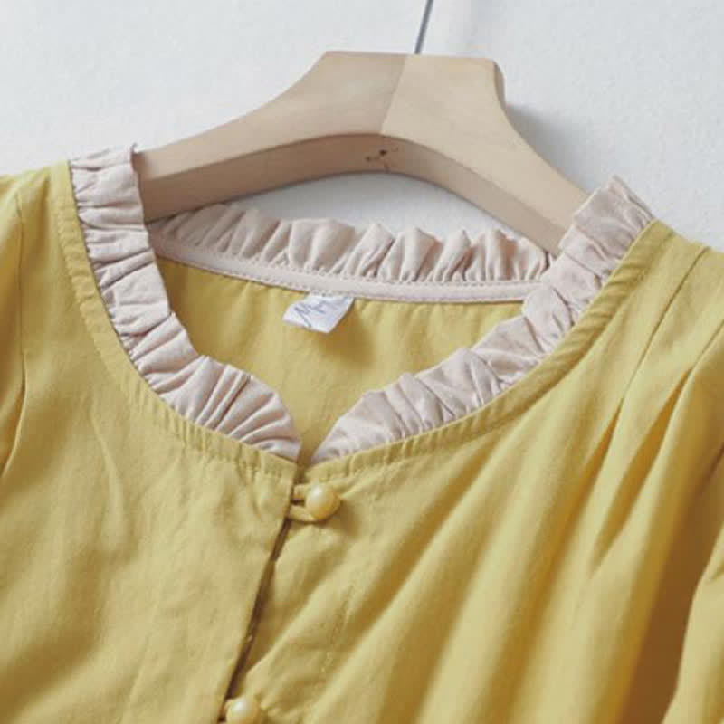 Nimara Ritual Summer Casual Button Up Solid Ruffled Collar Cotton Women's Short Sleeve Shirt