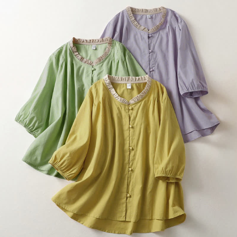 Nimara Ritual Summer Casual Button Up Solid Ruffled Collar Cotton Women's Short Sleeve Shirt