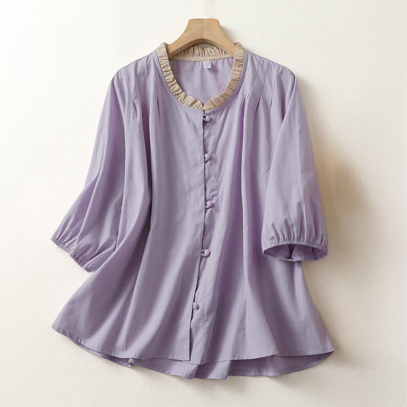 Nimara Ritual Summer Casual Button Up Solid Ruffled Collar Cotton Women's Short Sleeve Shirt