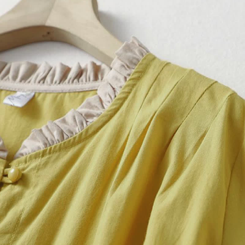 Nimara Ritual Summer Casual Button Up Solid Ruffled Collar Cotton Women's Short Sleeve Shirt