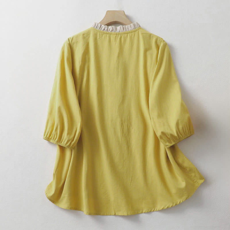 Nimara Ritual Summer Casual Button Up Solid Ruffled Collar Cotton Women's Short Sleeve Shirt