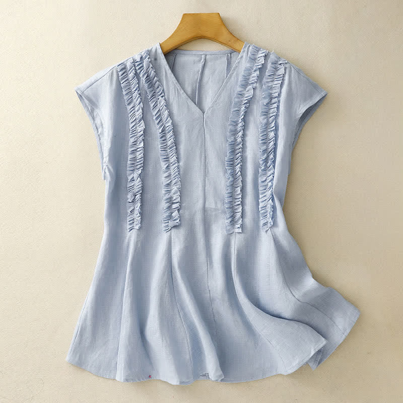 Nimara Ritual Summer Casual Solid V-Neck Vertical Ruffle Pleat Women's Sleeveless T-Shirts Tank Top
