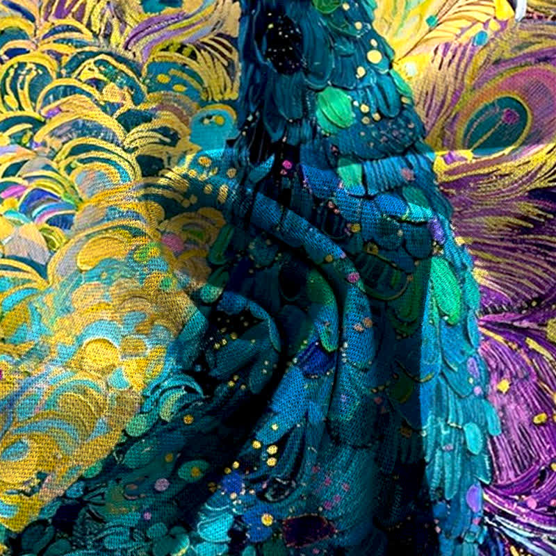 Nimara Ritual Cotton Linen Peacock Feather Pattern Women's Elastic Waist Wide Leg Pants With Pockets