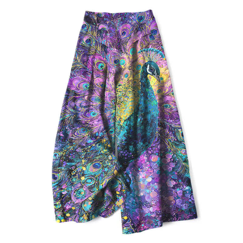 Nimara Ritual Cotton Linen Peacock Feather Pattern Women's Elastic Waist Wide Leg Pants With Pockets