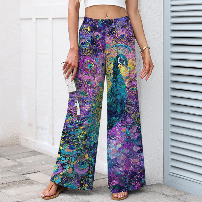 Nimara Ritual Cotton Linen Peacock Feather Pattern Women's Elastic Waist Wide Leg Pants With Pockets