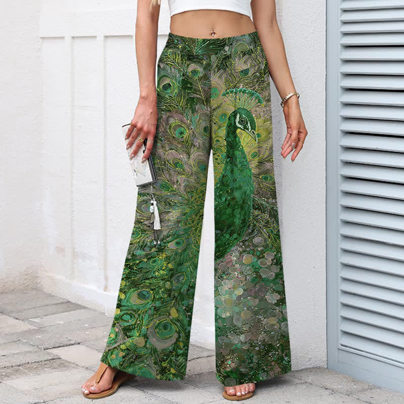 Nimara Ritual Cotton Linen Peacock Feather Pattern Women's Elastic Waist Wide Leg Pants With Pockets