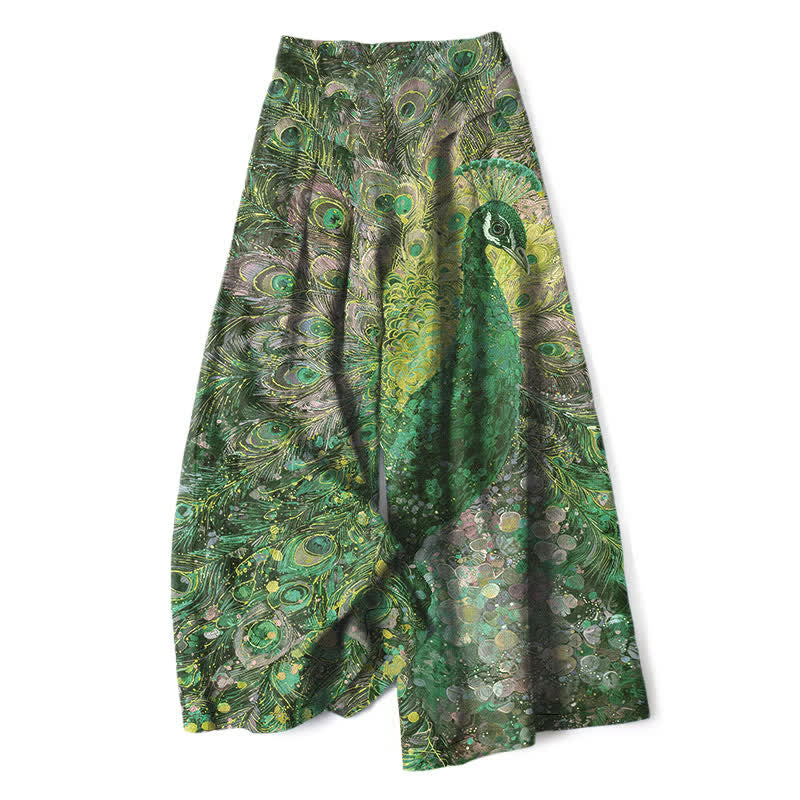 Nimara Ritual Cotton Linen Peacock Feather Pattern Women's Elastic Waist Wide Leg Pants With Pockets