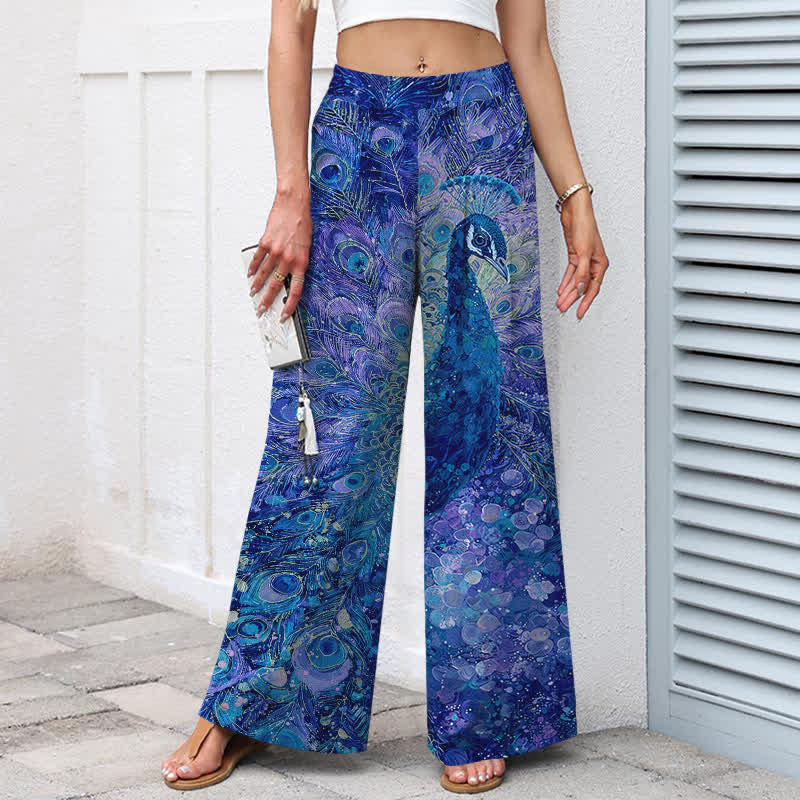 Nimara Ritual Cotton Linen Peacock Feather Pattern Women's Elastic Waist Wide Leg Pants With Pockets