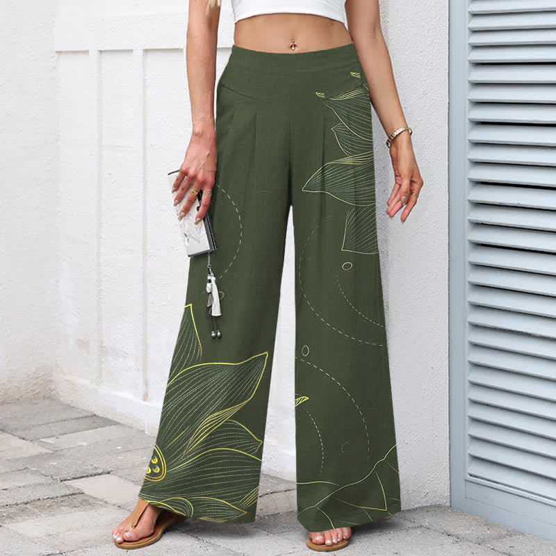 Nimara Ritual Cotton Linen Lotus Line Art Pattern Women's Elastic Waist Wide Leg Pants With Pockets