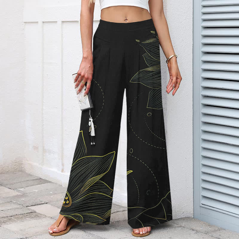 Nimara Ritual Cotton Linen Lotus Line Art Pattern Women's Elastic Waist Wide Leg Pants With Pockets