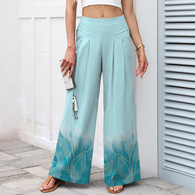 Nimara Ritual Cotton Linen Gradient Leaf Pattern Women's Elastic Waist Wide Leg Pants With Pockets