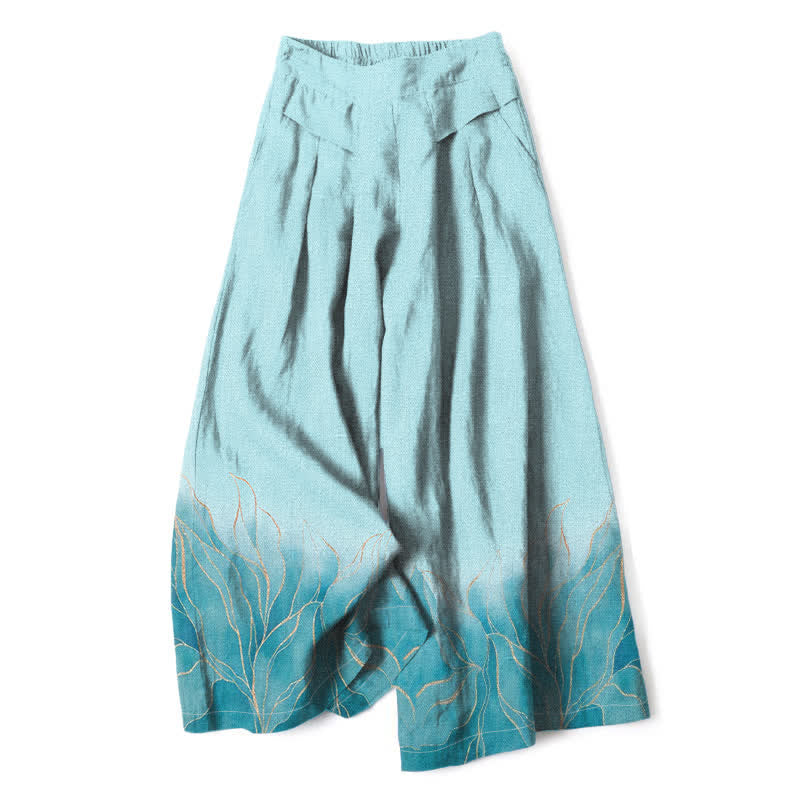 Nimara Ritual Cotton Linen Gradient Leaf Pattern Women's Elastic Waist Wide Leg Pants With Pockets