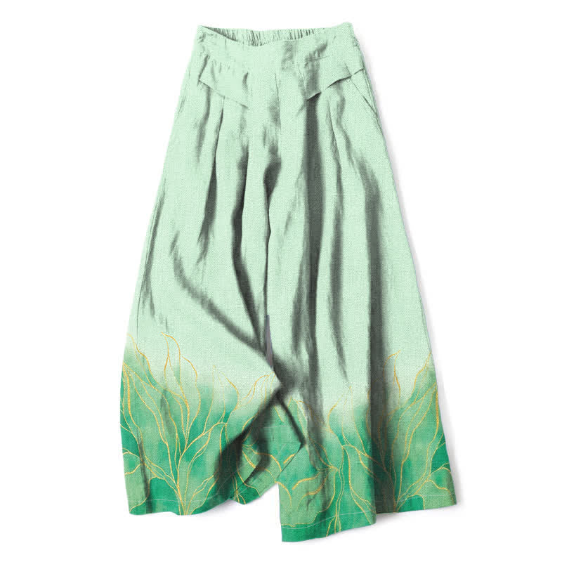 Nimara Ritual Cotton Linen Gradient Leaf Pattern Women's Elastic Waist Wide Leg Pants With Pockets