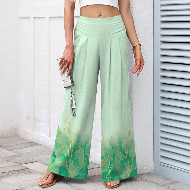 Nimara Ritual Cotton Linen Gradient Leaf Pattern Women's Elastic Waist Wide Leg Pants With Pockets