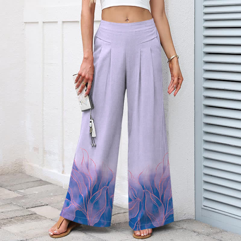 Nimara Ritual Cotton Linen Gradient Leaf Pattern Women's Elastic Waist Wide Leg Pants With Pockets