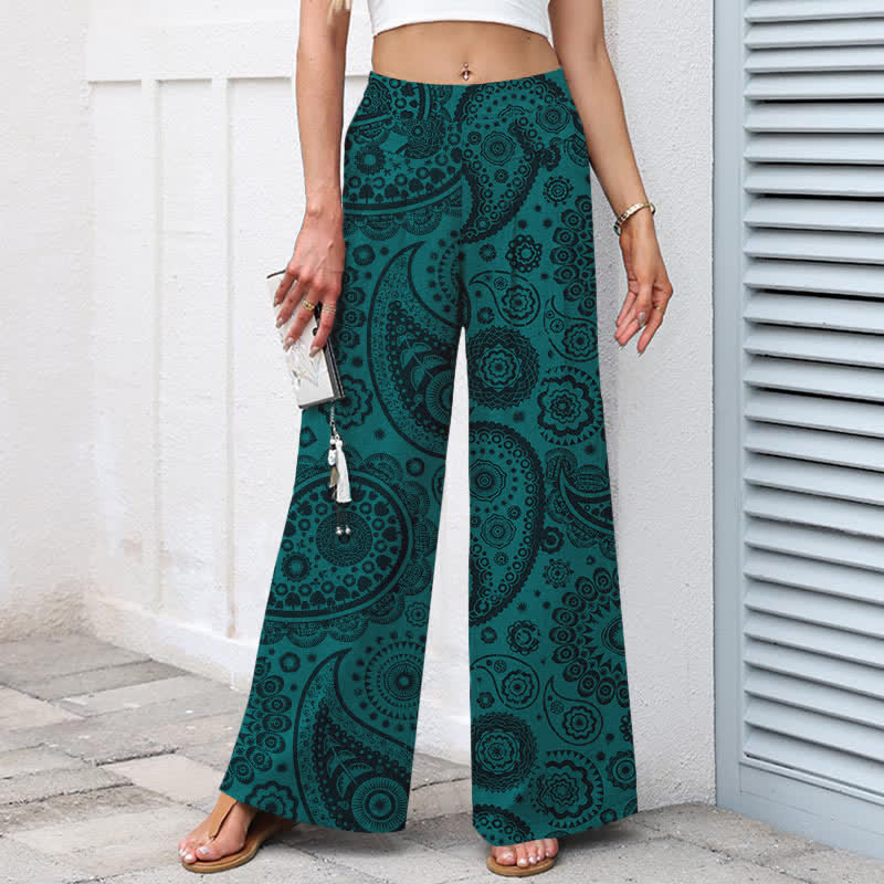 Nimara Ritual Cotton Linen Bohemian Paisley Pattern Women's Elastic Waist Wide Leg Pants With Pockets