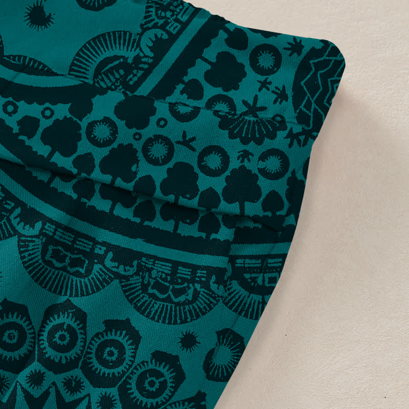 Nimara Ritual Cotton Linen Bohemian Paisley Pattern Women's Elastic Waist Wide Leg Pants With Pockets