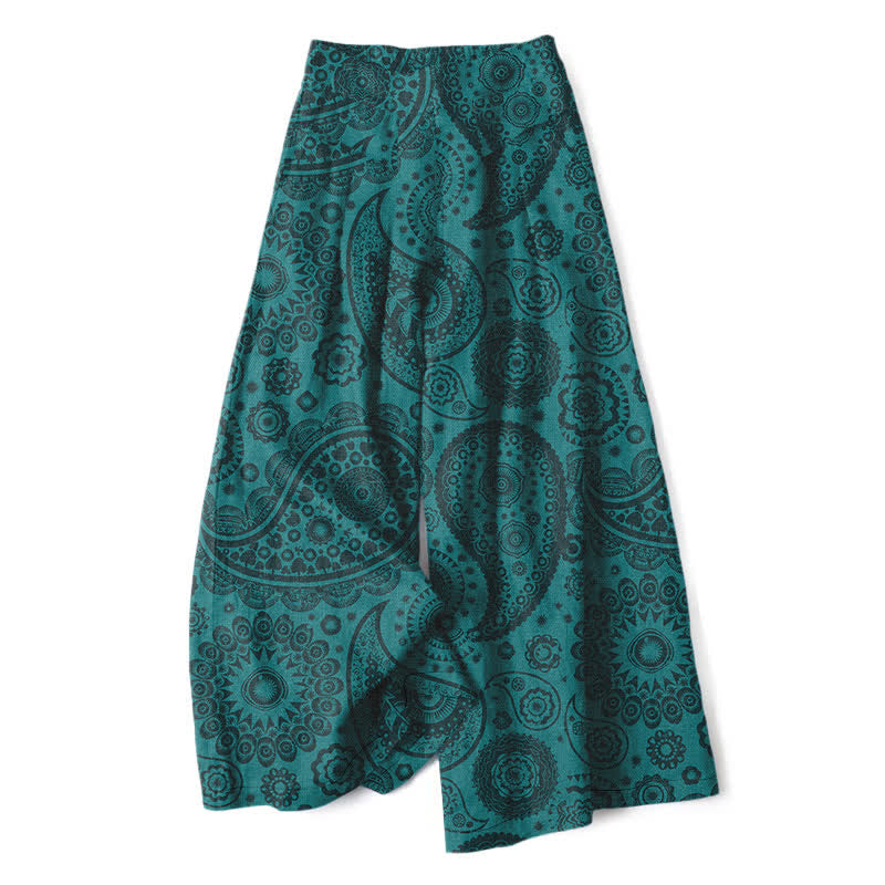 Nimara Ritual Cotton Linen Bohemian Paisley Pattern Women's Elastic Waist Wide Leg Pants With Pockets