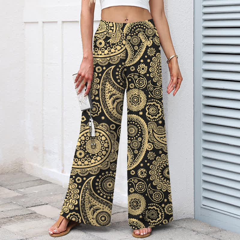 Nimara Ritual Cotton Linen Bohemian Paisley Pattern Women's Elastic Waist Wide Leg Pants With Pockets