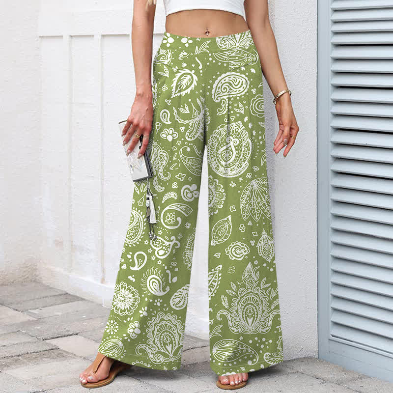 Nimara Ritual Cotton Linen Olive Paisley Pattern Women's Elastic Waist Wide Leg Pants With Pockets