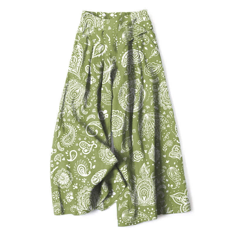 Nimara Ritual Cotton Linen Olive Paisley Pattern Women's Elastic Waist Wide Leg Pants With Pockets