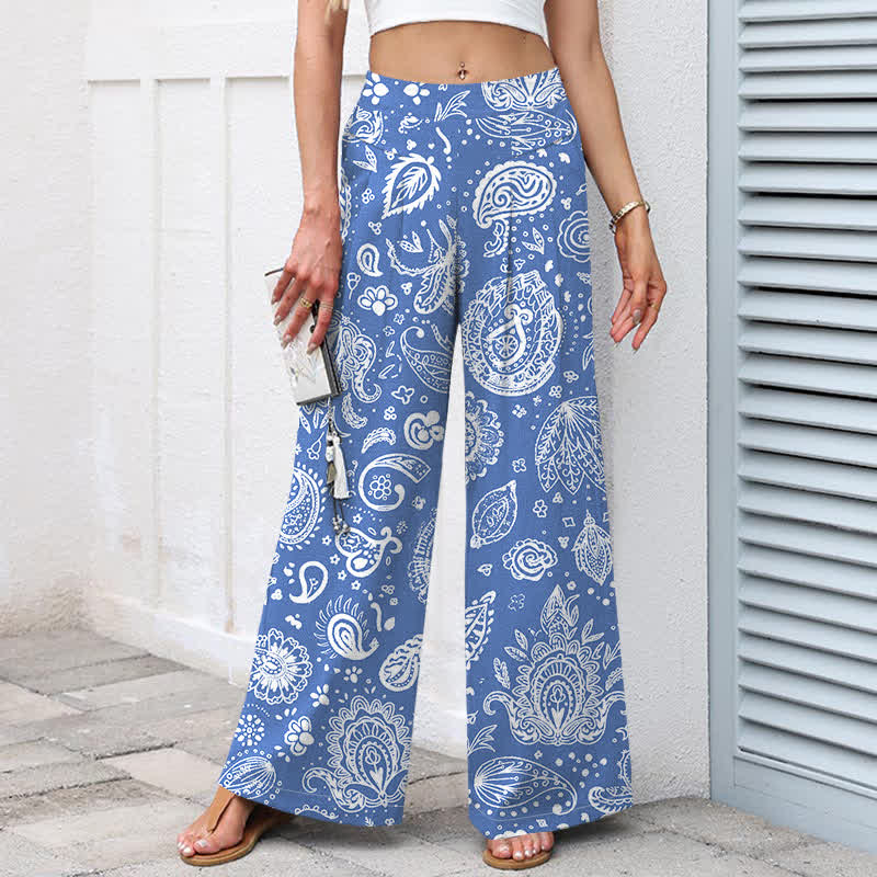 Nimara Ritual Cotton Linen Olive Paisley Pattern Women's Elastic Waist Wide Leg Pants With Pockets