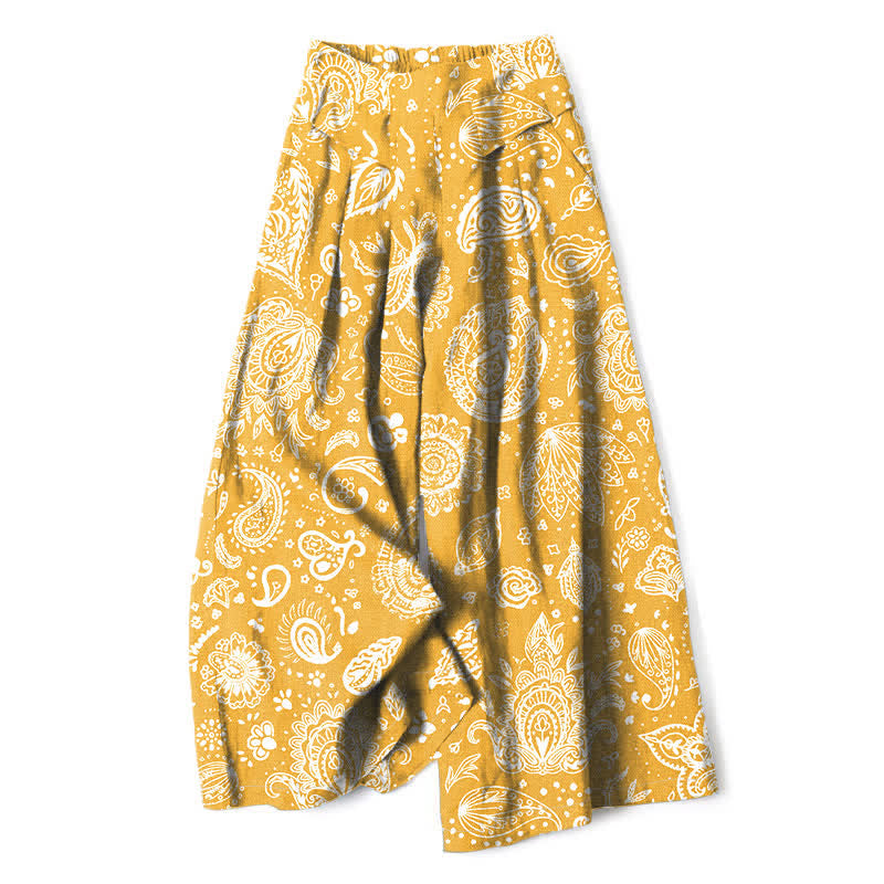 Nimara Ritual Cotton Linen Olive Paisley Pattern Women's Elastic Waist Wide Leg Pants With Pockets